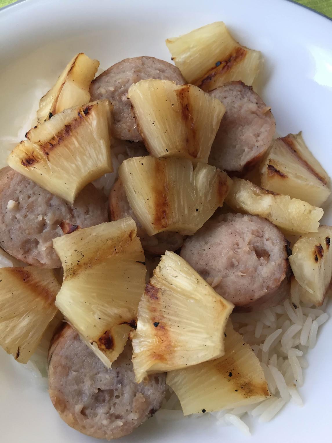 Sweet and Sticky Grilled al fresco Chicken Sausages with Pineapple 